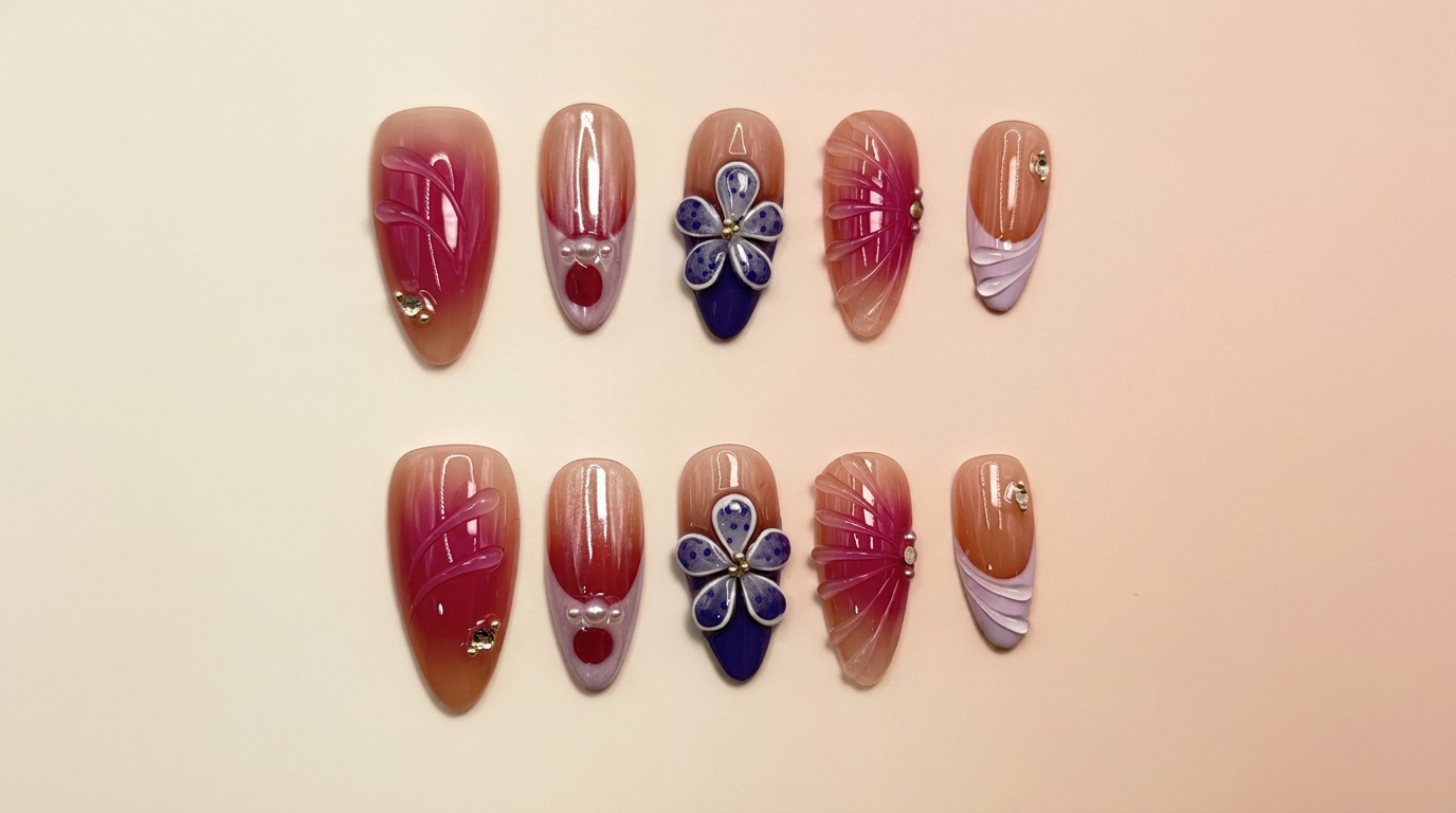 Coral press-on nail set from Petal Break collection